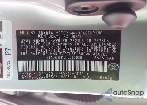 2017 Toyota Camry Xle V6 из США, поврежденный, VIN 4T1BK1FK6HU580050